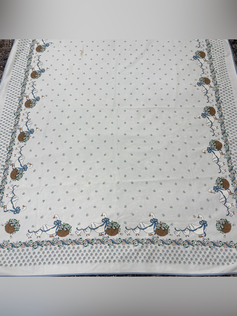 Vtg Country Goose Fabric Tablecloth 62x82” Cottage Grandmacore Geese Blue